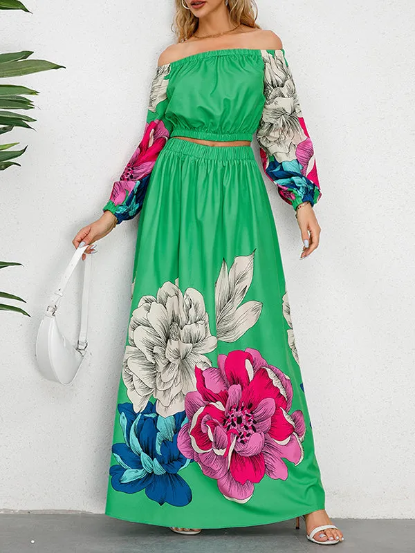 A-Line Elasticity Flower Print Pleated Off-The-Shoulder Shirts Top   High Waisted Skirts Bottom Two Pieces Set