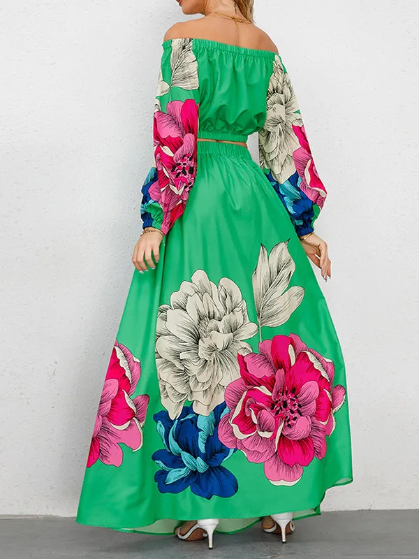 A-Line Elasticity Flower Print Pleated Off-The-Shoulder Shirts Top   High Waisted Skirts Bottom Two Pieces Set