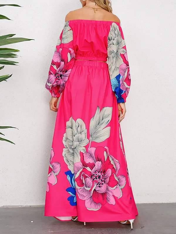 A-Line Elasticity Flower Print Pleated Off-The-Shoulder Shirts Top   High Waisted Skirts Bottom Two Pieces Set
