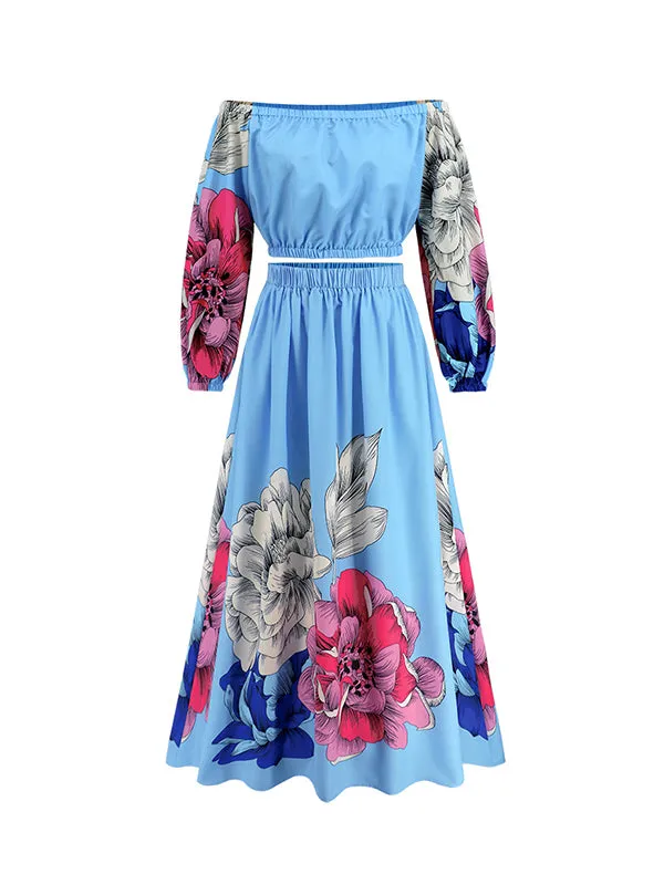 A-Line Elasticity Flower Print Pleated Off-The-Shoulder Shirts Top   High Waisted Skirts Bottom Two Pieces Set