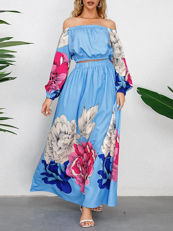 A-Line Elasticity Flower Print Pleated Off-The-Shoulder Shirts Top   High Waisted Skirts Bottom Two Pieces Set