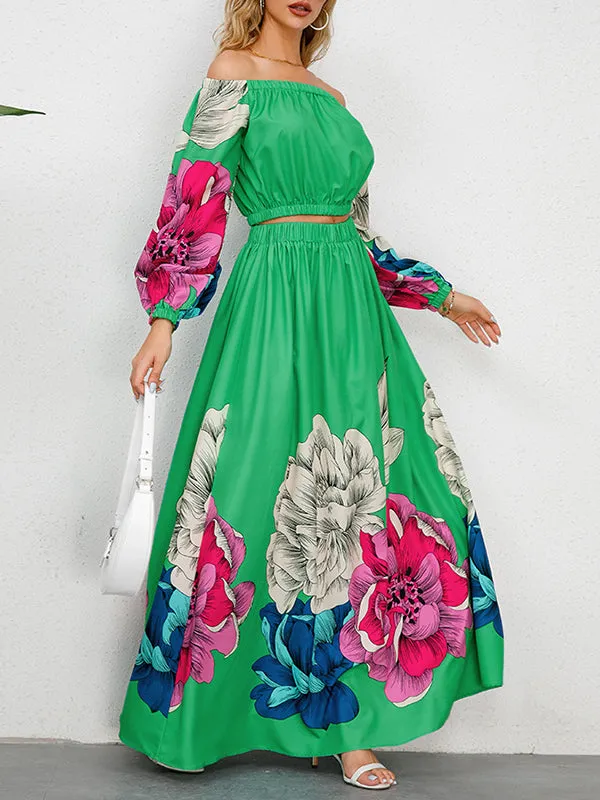 A-Line Elasticity Flower Print Pleated Off-The-Shoulder Shirts Top   High Waisted Skirts Bottom Two Pieces Set