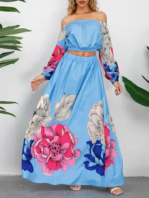 A-Line Elasticity Flower Print Pleated Off-The-Shoulder Shirts Top   High Waisted Skirts Bottom Two Pieces Set
