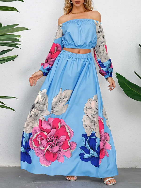 A-Line Elasticity Flower Print Pleated Off-The-Shoulder Shirts Top   High Waisted Skirts Bottom Two Pieces Set