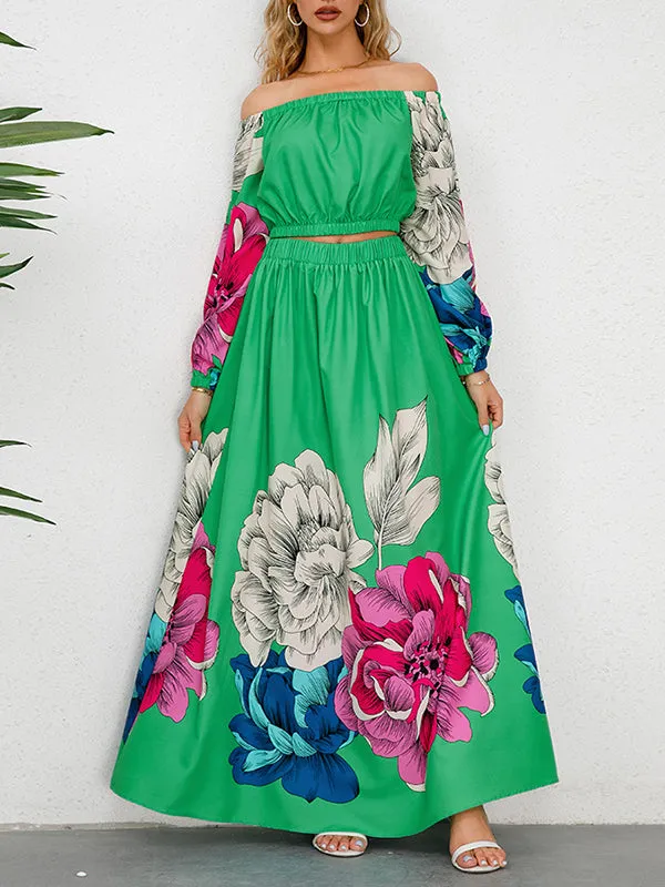 A-Line Elasticity Flower Print Pleated Off-The-Shoulder Shirts Top   High Waisted Skirts Bottom Two Pieces Set