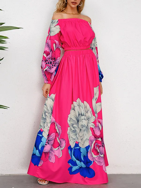 A-Line Elasticity Flower Print Pleated Off-The-Shoulder Shirts Top   High Waisted Skirts Bottom Two Pieces Set