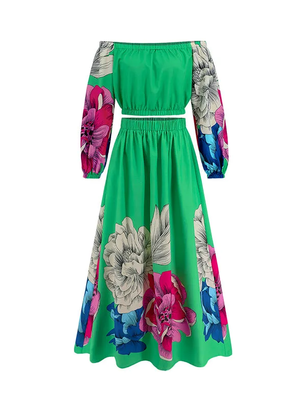 A-Line Elasticity Flower Print Pleated Off-The-Shoulder Shirts Top   High Waisted Skirts Bottom Two Pieces Set