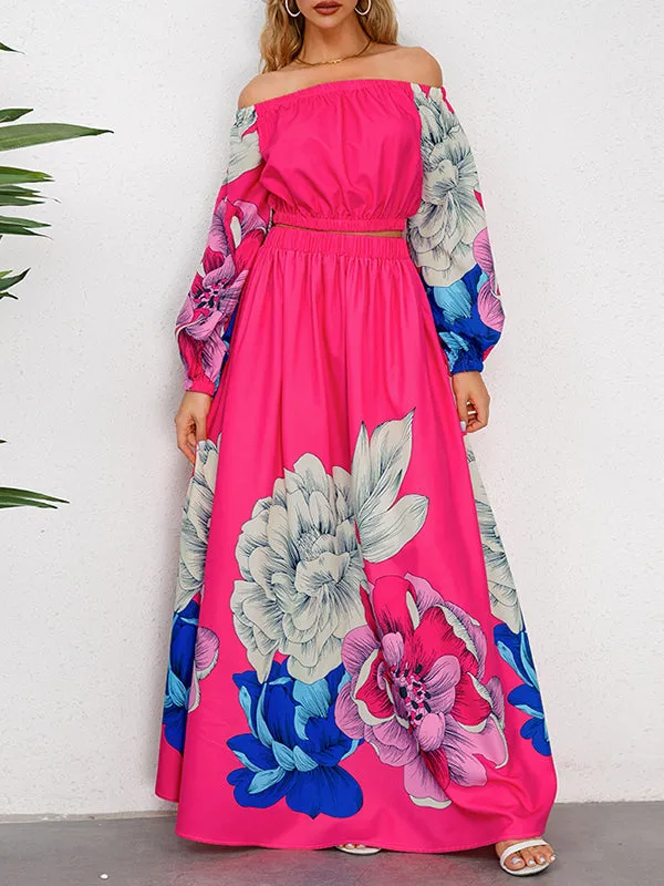 A-Line Elasticity Flower Print Pleated Off-The-Shoulder Shirts Top   High Waisted Skirts Bottom Two Pieces Set