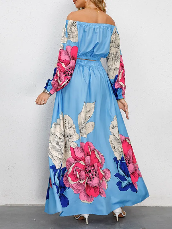 A-Line Elasticity Flower Print Pleated Off-The-Shoulder Shirts Top   High Waisted Skirts Bottom Two Pieces Set