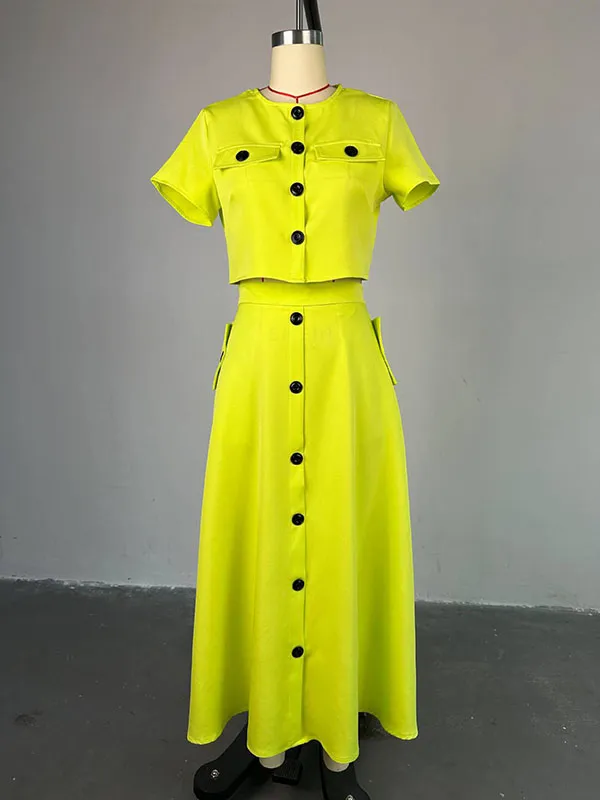 Buttoned Pockets Split-Joint Round-Neck T-Shirt Top   A-Line High Waisted Skirts Bottom Two Pieces Set