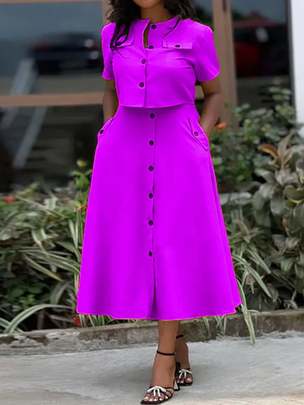 Buttoned Pockets Split-Joint Round-Neck T-Shirt Top   A-Line High Waisted Skirts Bottom Two Pieces Set