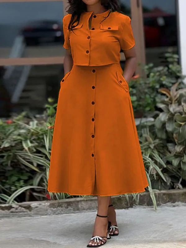 Buttoned Pockets Split-Joint Round-Neck T-Shirt Top   A-Line High Waisted Skirts Bottom Two Pieces Set