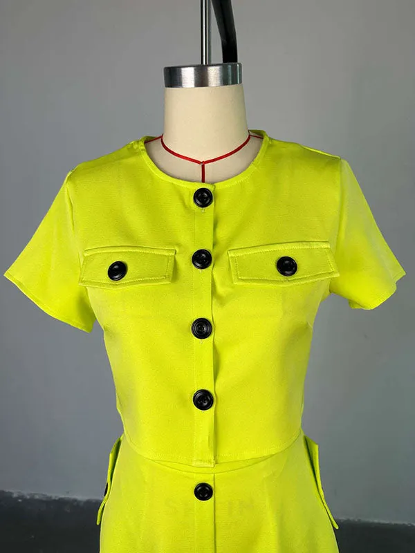 Buttoned Pockets Split-Joint Round-Neck T-Shirt Top   A-Line High Waisted Skirts Bottom Two Pieces Set
