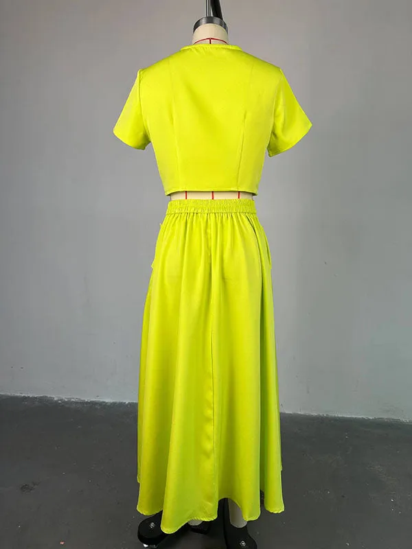 Buttoned Pockets Split-Joint Round-Neck T-Shirt Top   A-Line High Waisted Skirts Bottom Two Pieces Set