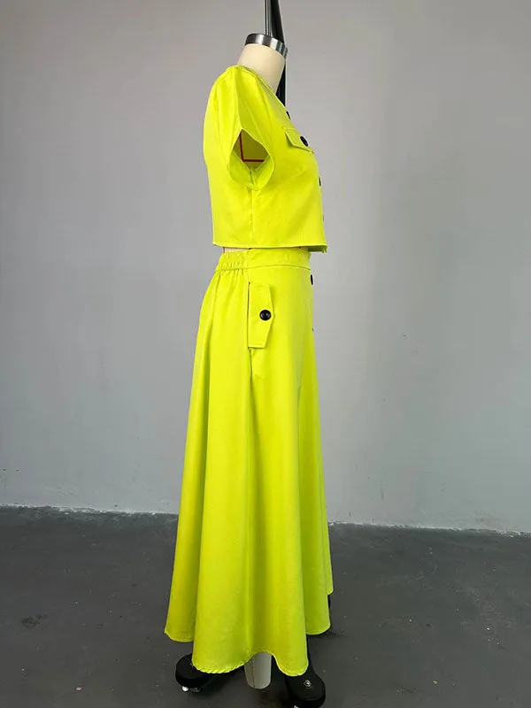 Buttoned Pockets Split-Joint Round-Neck T-Shirt Top   A-Line High Waisted Skirts Bottom Two Pieces Set