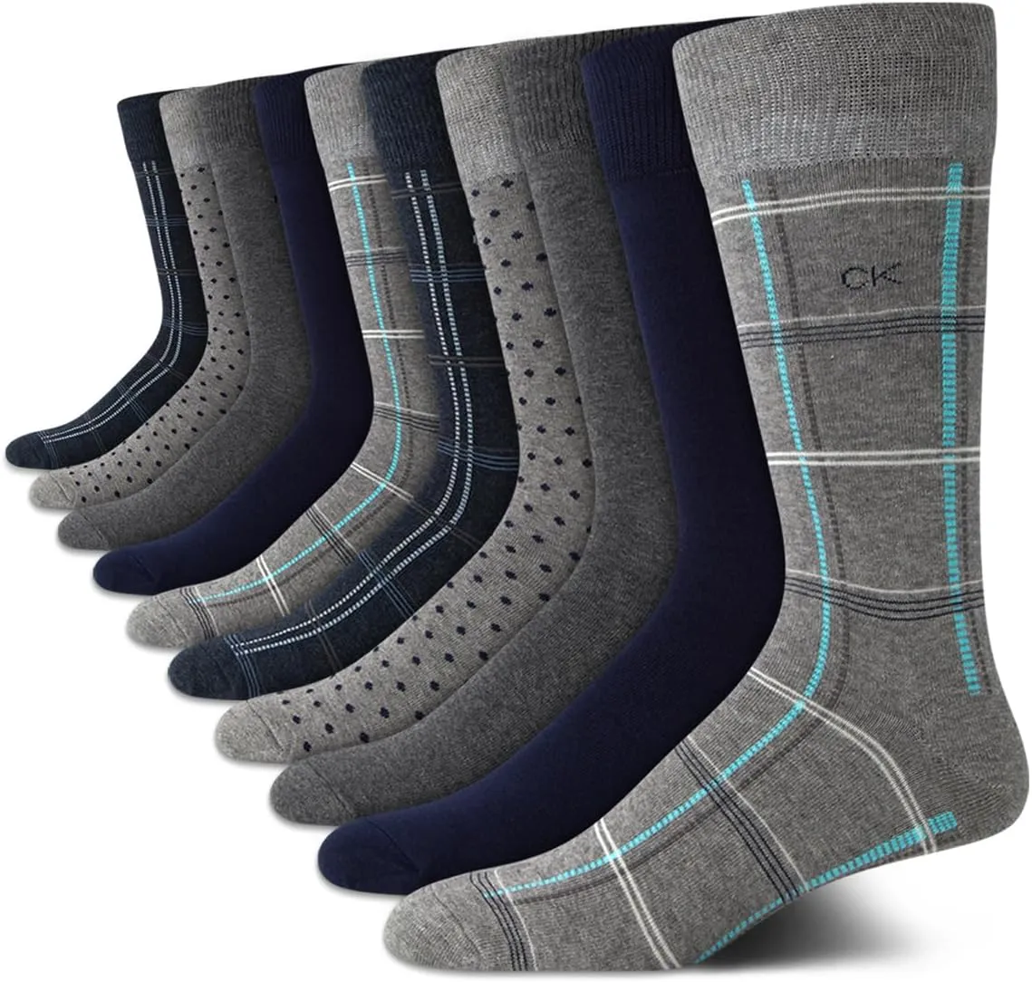Calvin Klein Men's Dress Socks - 10 Pack Plain and Printed Crew Calf Compression Socks, 7-12