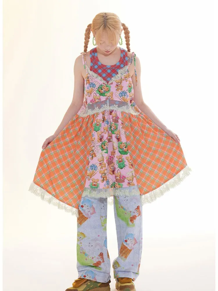 Checkered Bear Patchwork Lace Halter Dress【s0000009785】