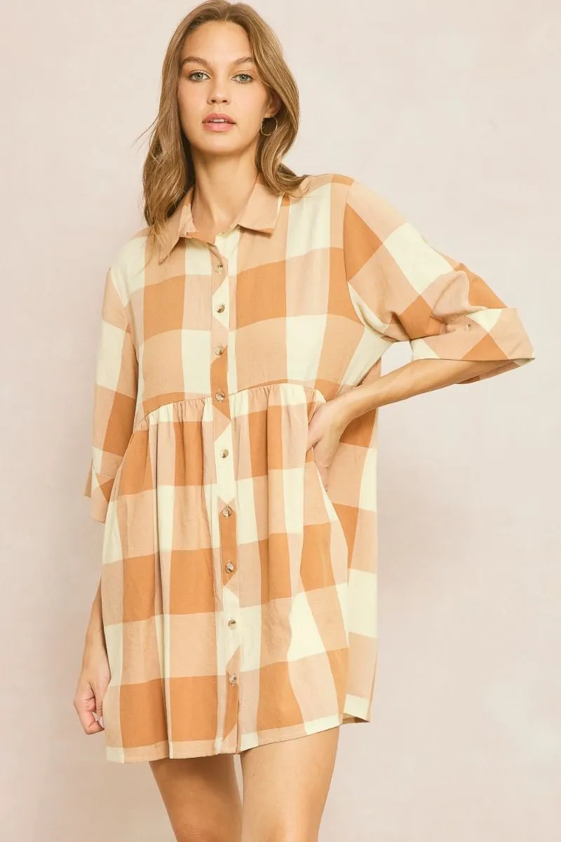 Checkered Collared Button Down Mini Dress- Caramel
