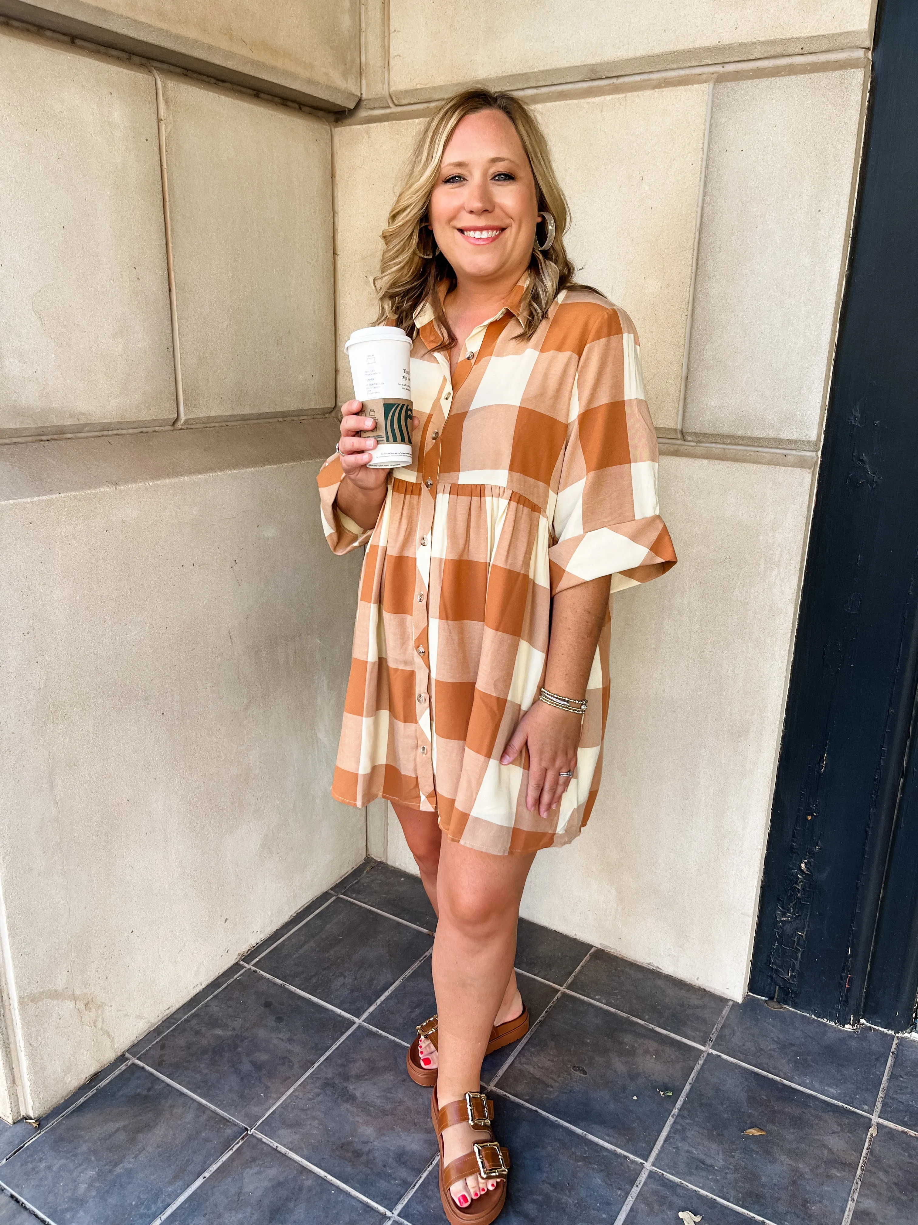 Checkered Collared Button Down Mini Dress- Caramel