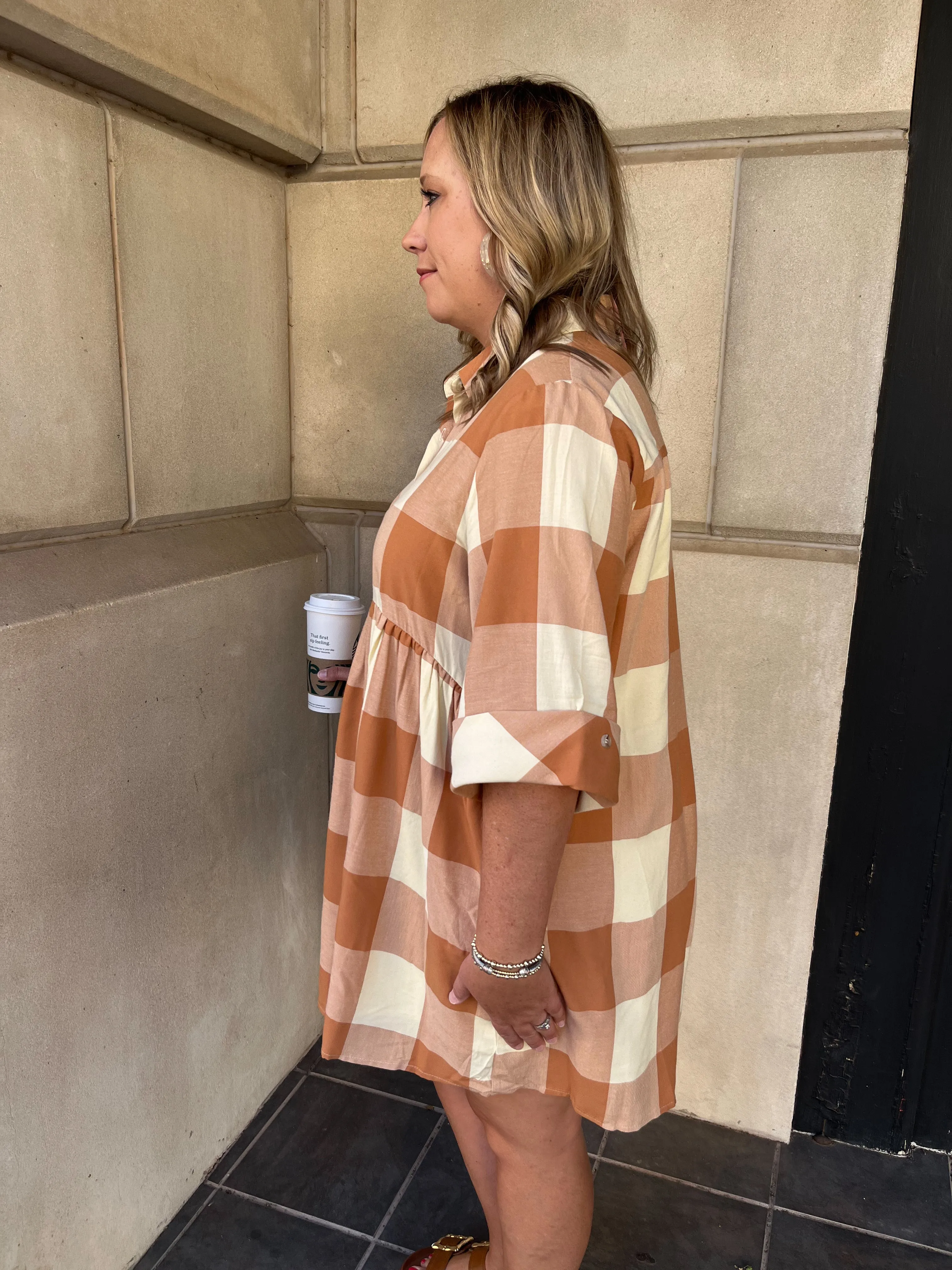 Checkered Collared Button Down Mini Dress- Caramel
