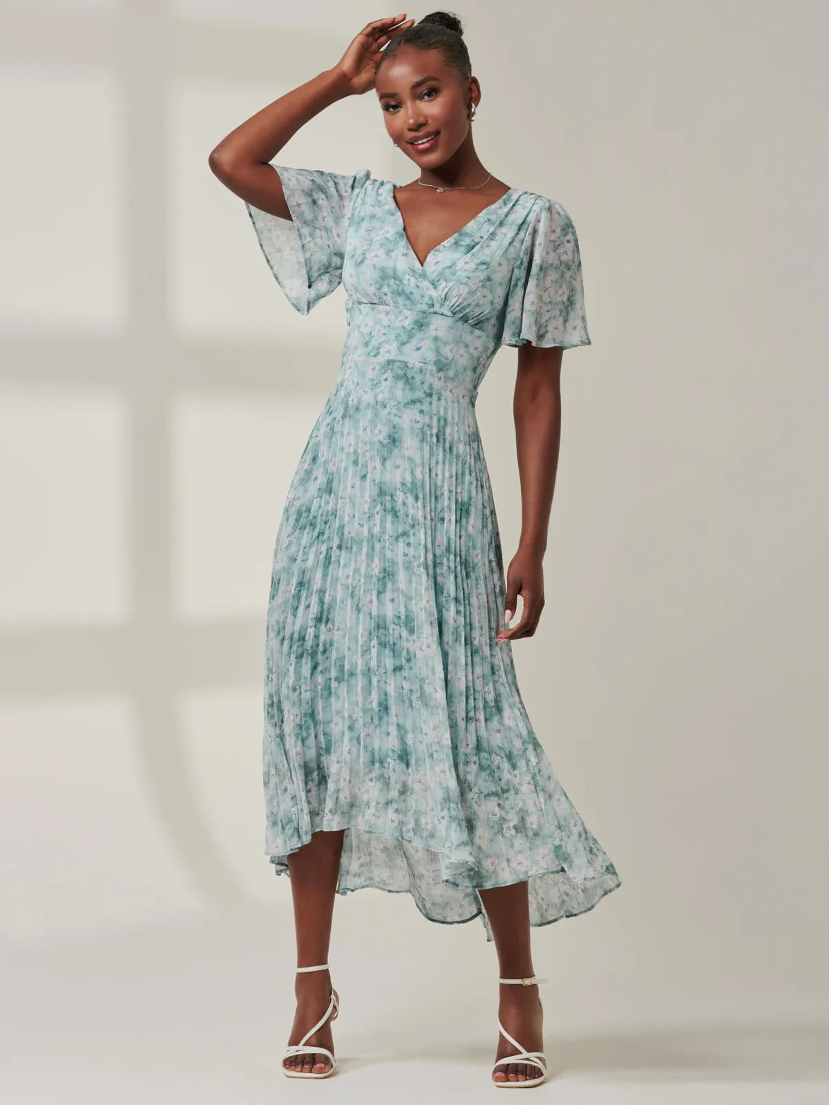 Chelsea Pleated Chiffon Dip Hem Maxi Dress, Blue Abstract