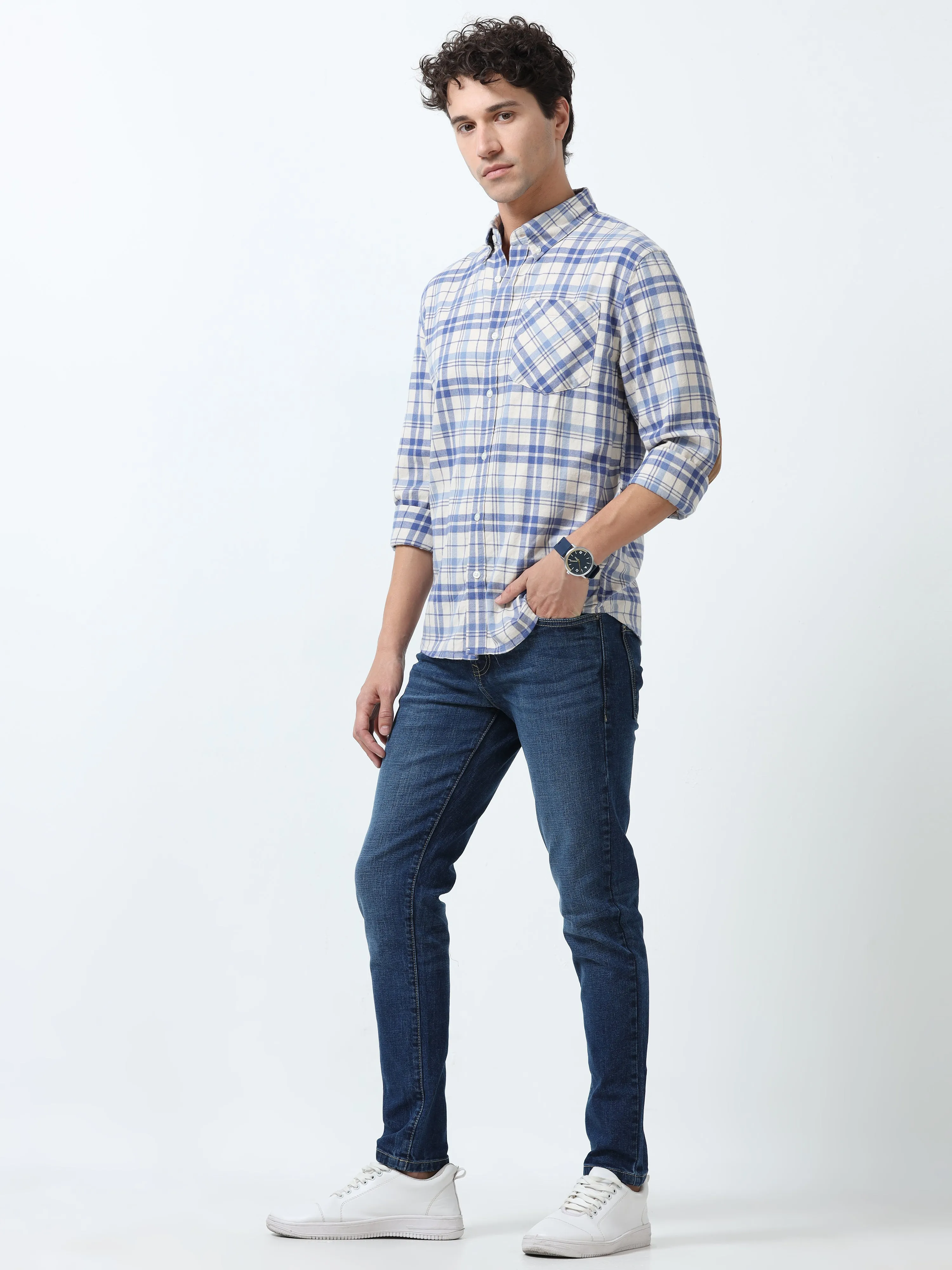 Clio - Brushed Checkered Shirt - White and Blue