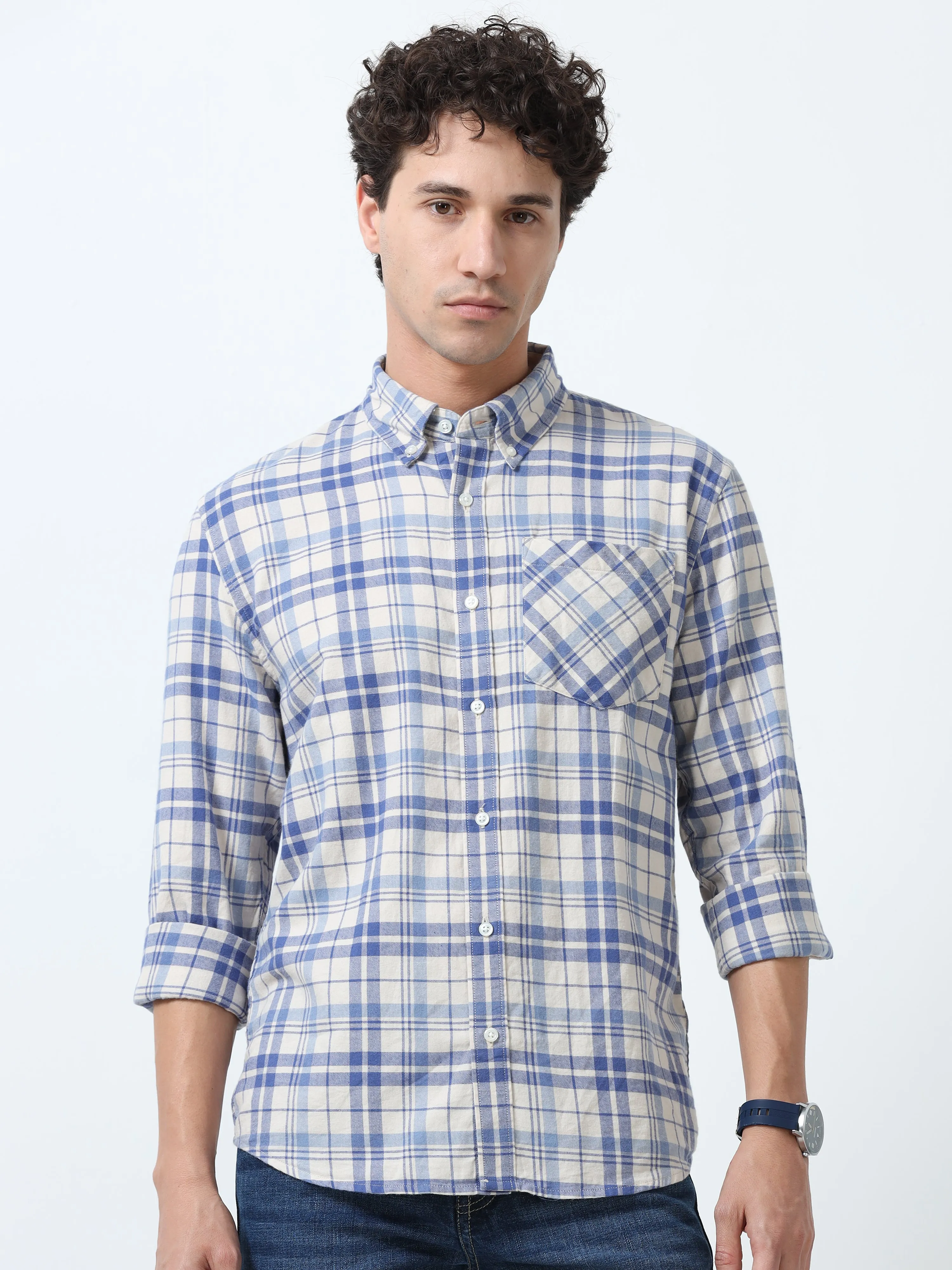 Clio - Brushed Checkered Shirt - White and Blue