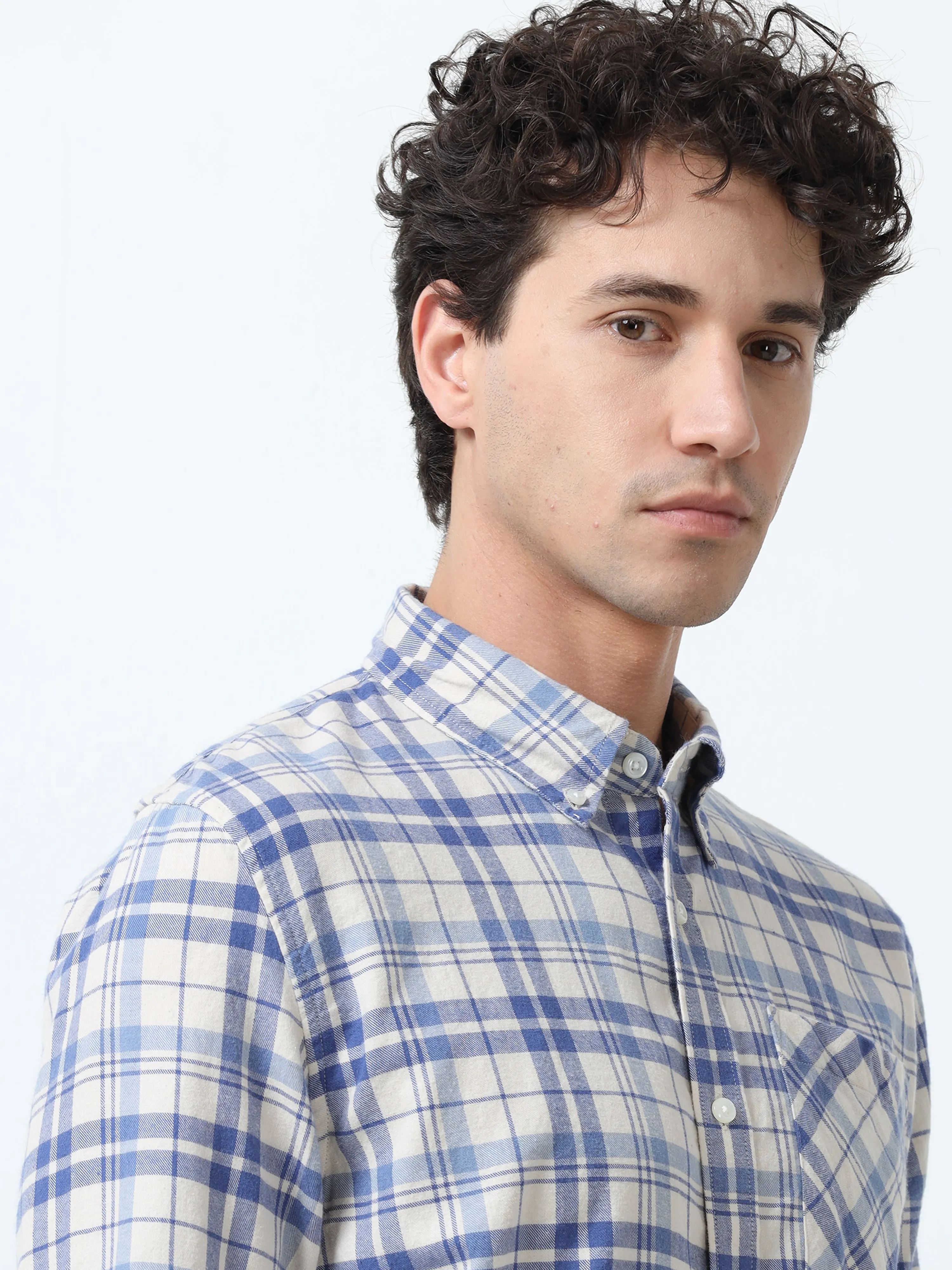 Clio - Brushed Checkered Shirt - White and Blue