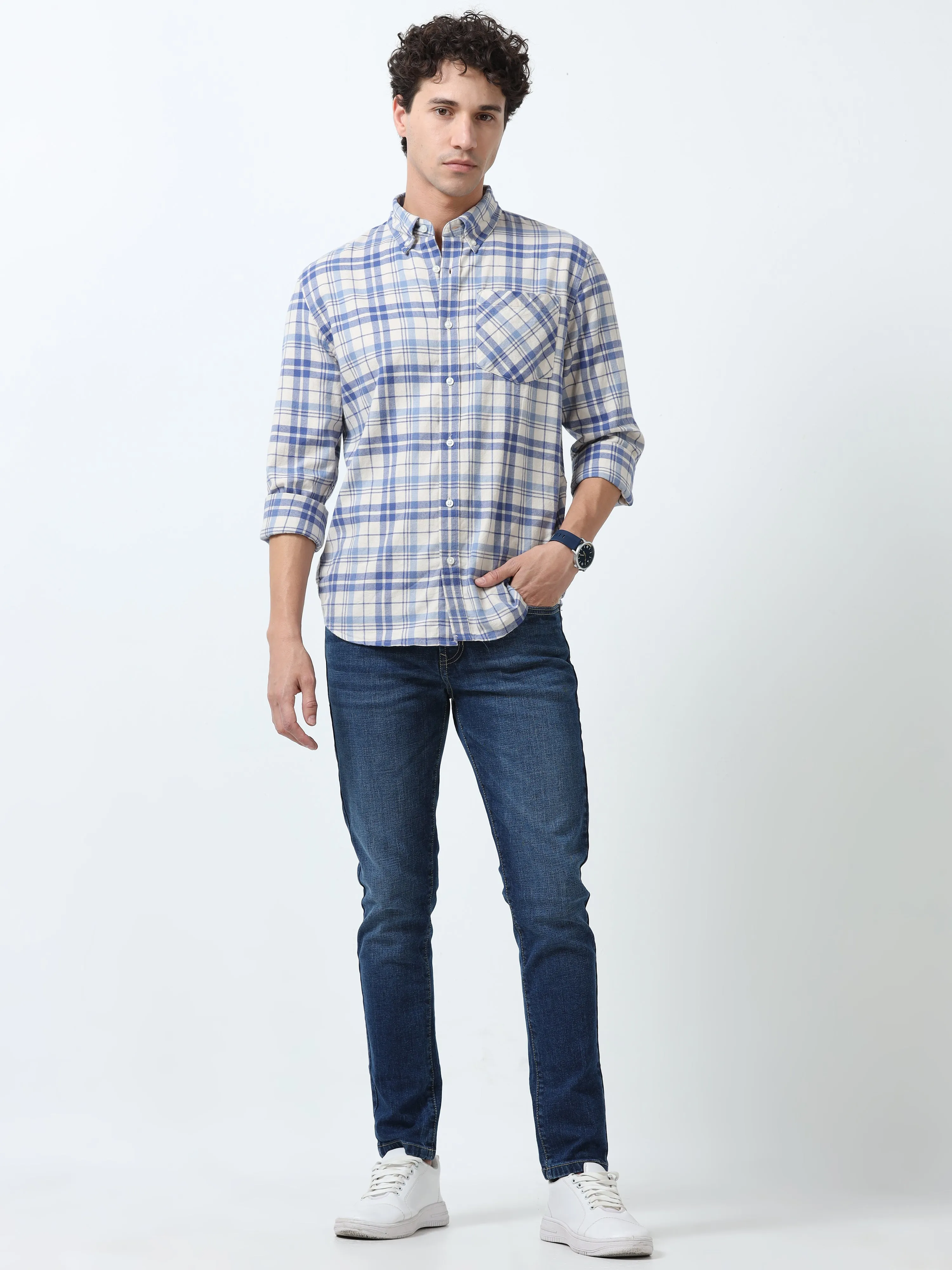 Clio - Brushed Checkered Shirt - White and Blue