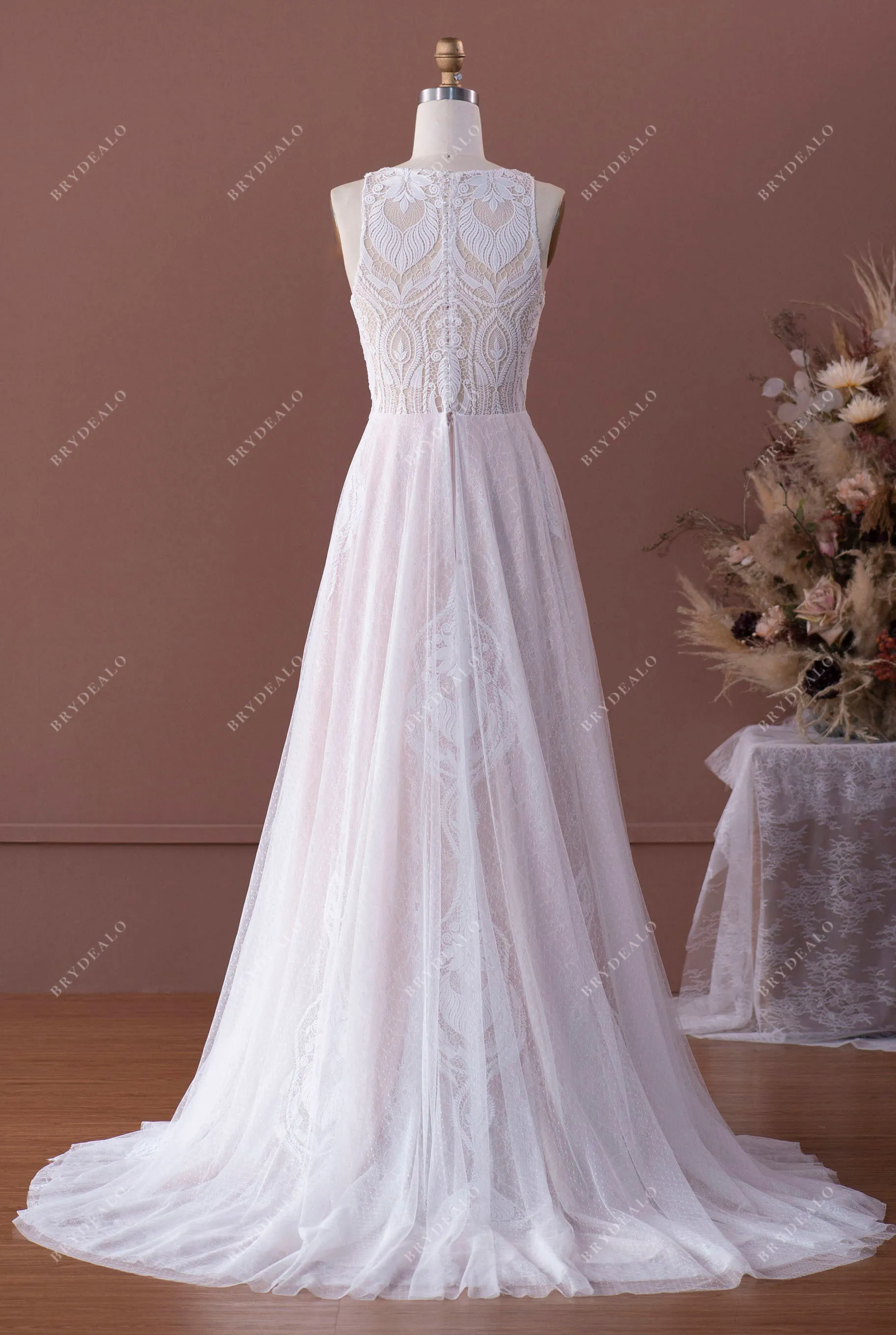 Designer Lace Sleeveless Boho Wedding Dress