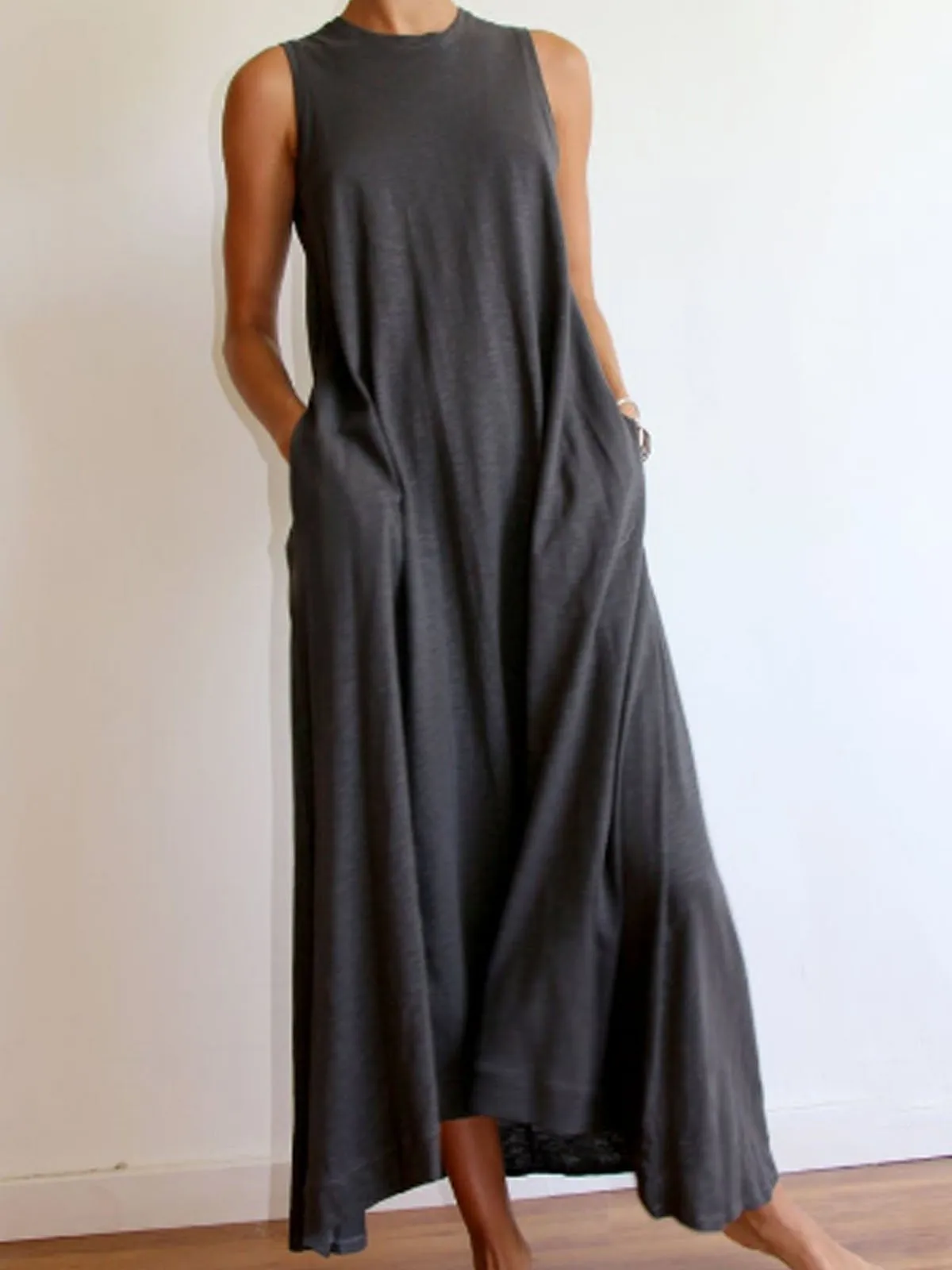 Dunnmall Cotton-Blend Solid Sleeveless Crew Neck Casualdress