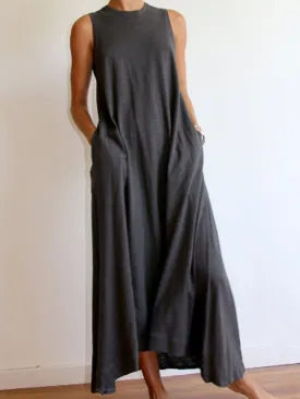 Dunnmall Cotton-Blend Solid Sleeveless Crew Neck Casualdress
