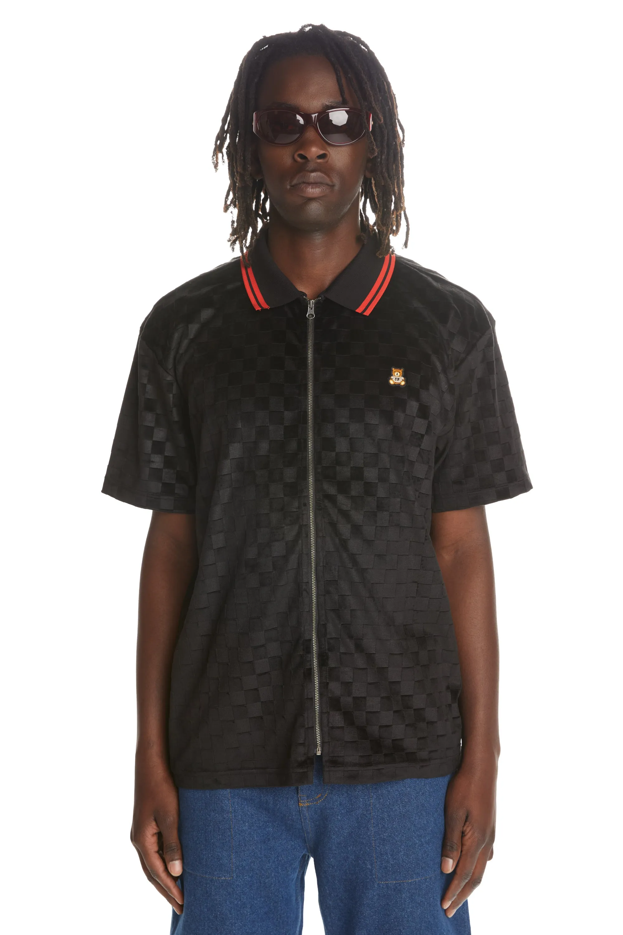 Embossed Checker Velour Zip Shirt