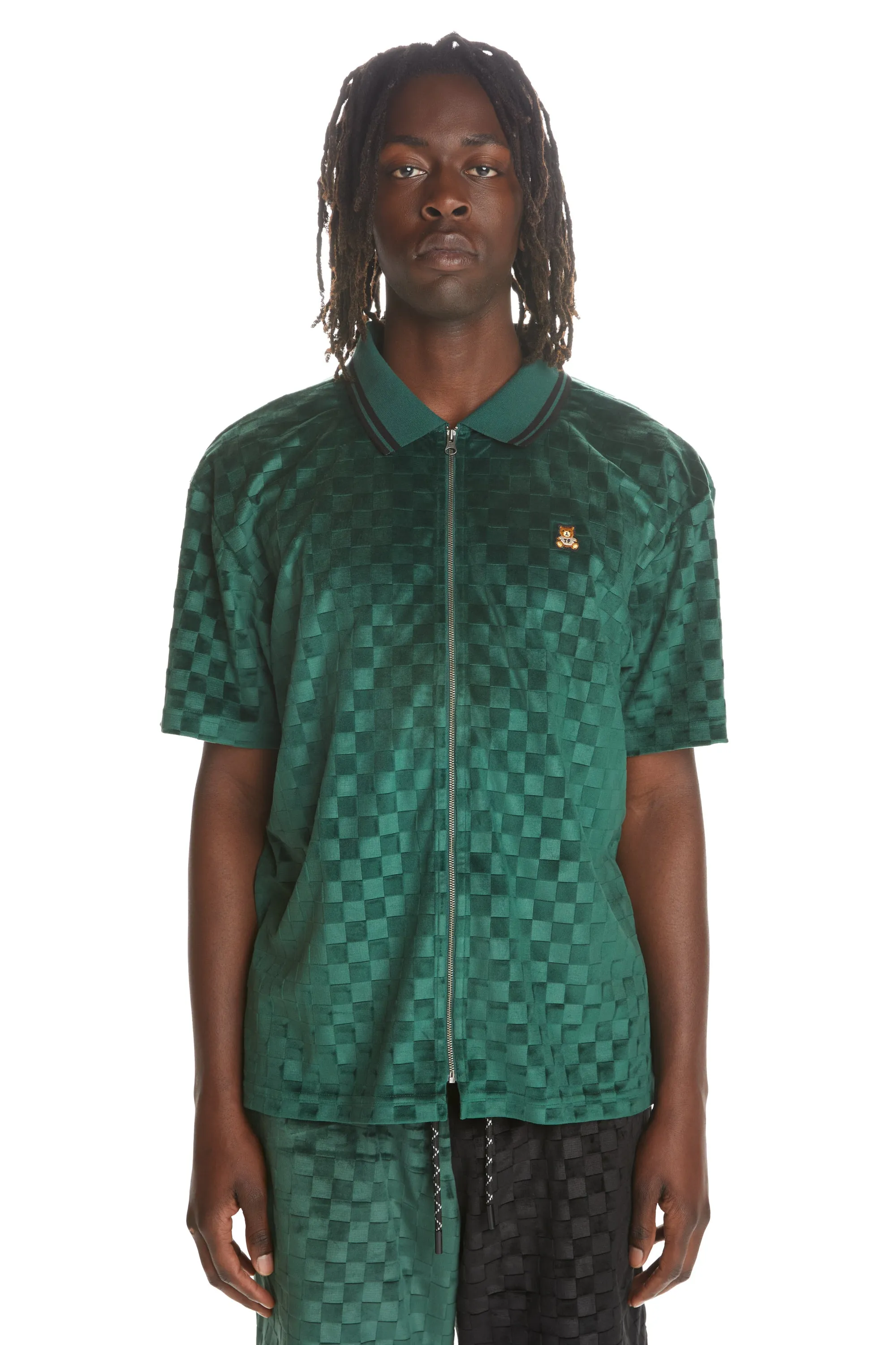 Embossed Checker Velour Zip Shirt