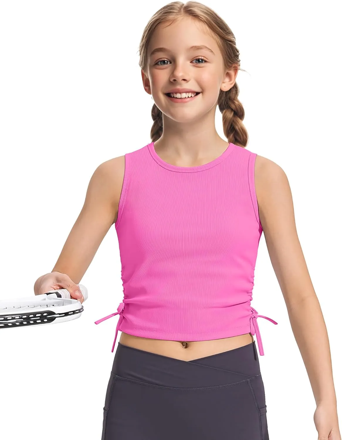 HASMES Girls Tank Tops Ribbed Knit Sleeveless Crop Tops for Kids Round Neck Dance Tops 5-14Y