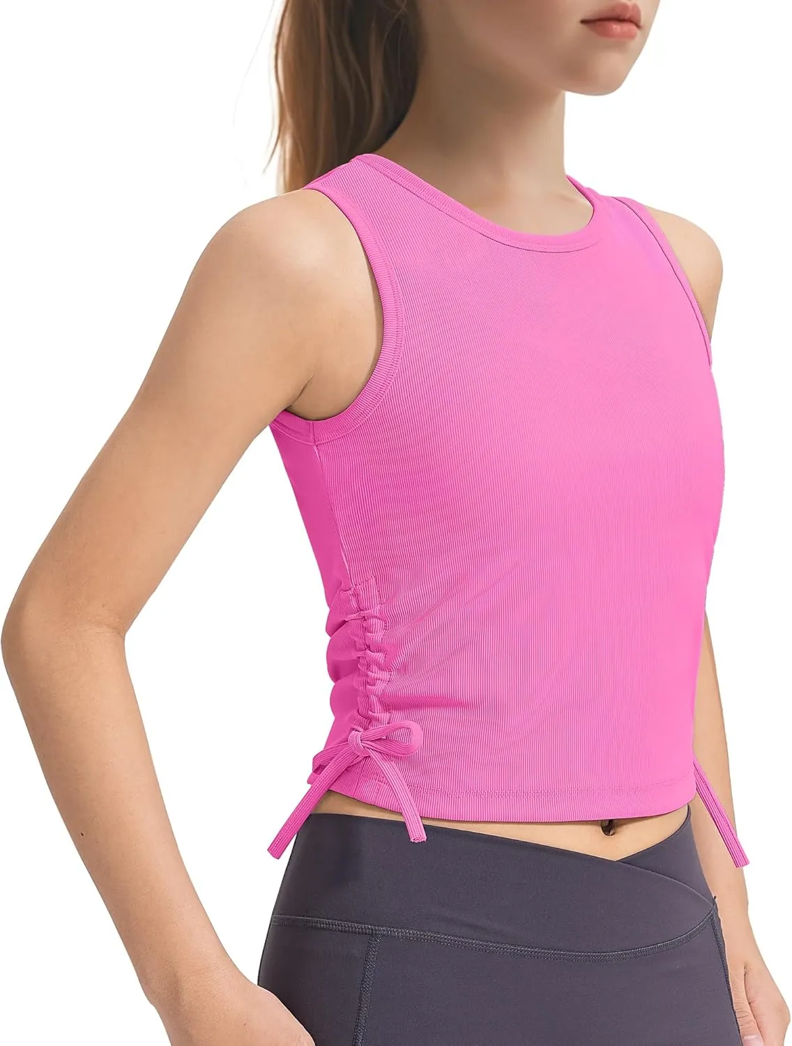 HASMES Girls Tank Tops Ribbed Knit Sleeveless Crop Tops for Kids Round Neck Dance Tops 5-14Y