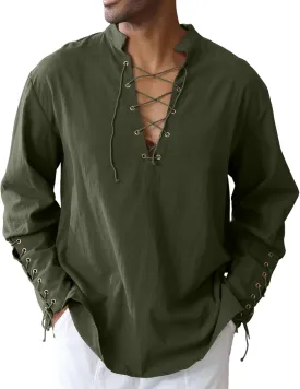 Men's Cotton Linen Shirt Drawstring Arm Banded Tops Medieval Viking Pirate Renaissance Halloween Costume