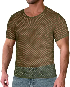 Men's Mesh Fishnet Top Short Sleeve Sheer See Through T Shirt Fitted Muscle Blouse Clubwear