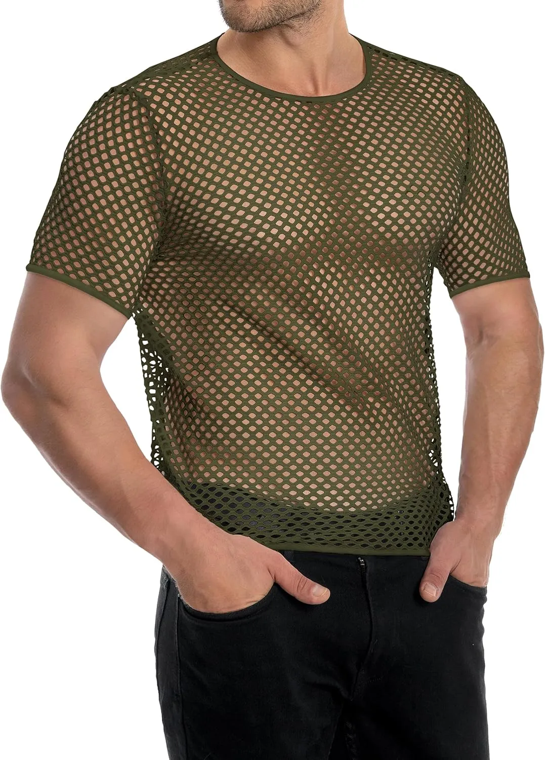 Men's Mesh Fishnet Top Short Sleeve Sheer See Through T Shirt Fitted Muscle Blouse Clubwear