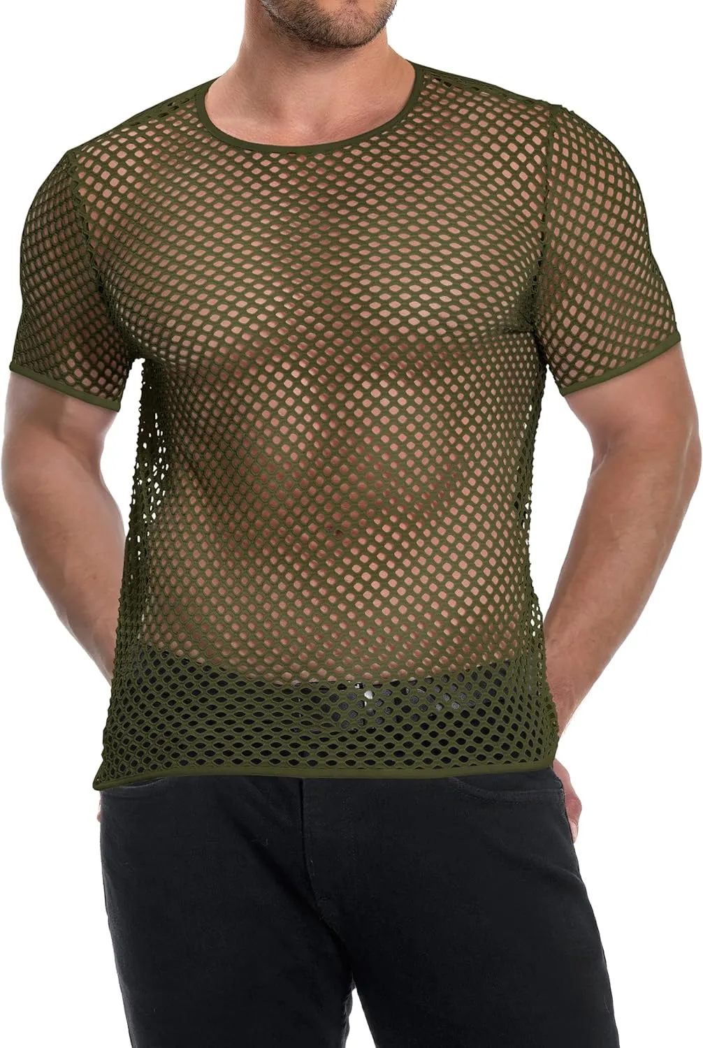 Men's Mesh Fishnet Top Short Sleeve Sheer See Through T Shirt Fitted Muscle Blouse Clubwear