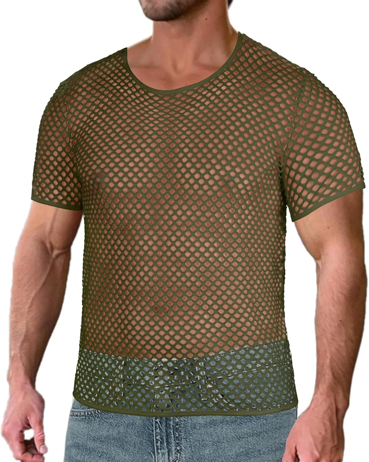 Men's Mesh Fishnet Top Short Sleeve Sheer See Through T Shirt Fitted Muscle Blouse Clubwear