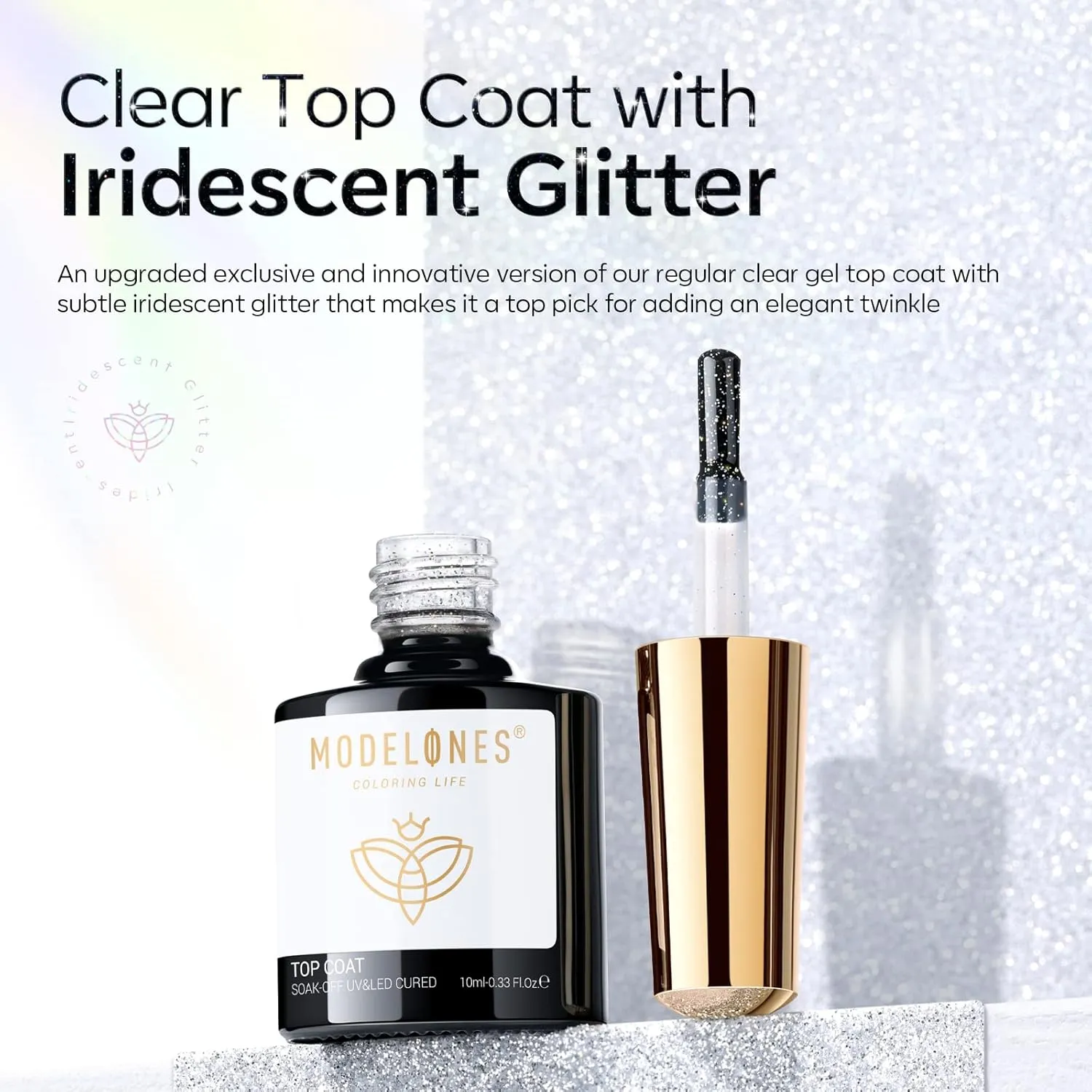 Modelones Glitter Gel Top Coat, Iridescent Silver Mix Glitter Gel Polish No Wipe Top Coat Glossy Sparkly Finish Long Lasting Soak Off Rainbow Shimmer Glitter Gel Nail Polish Nail Art Manicure, 10ml