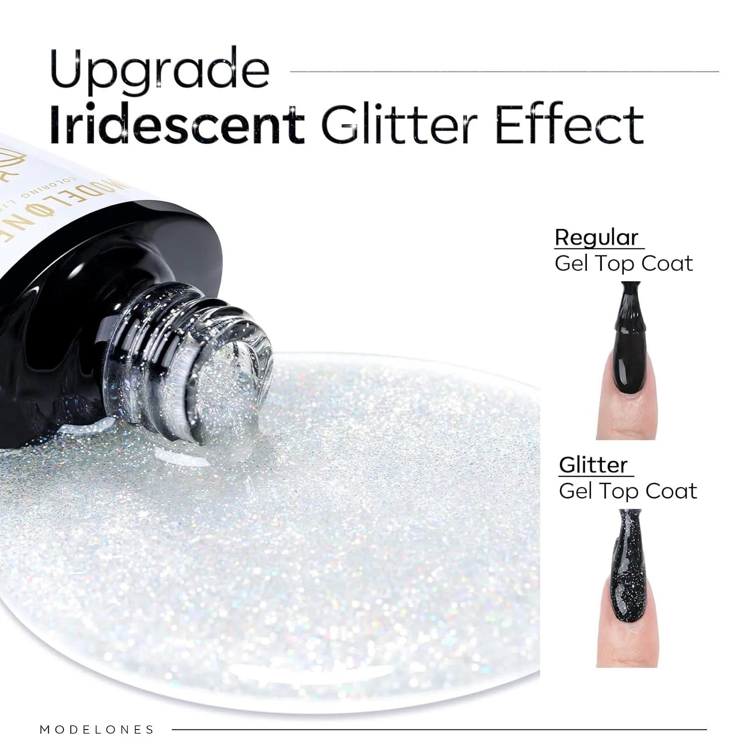 Modelones Glitter Gel Top Coat, Iridescent Silver Mix Glitter Gel Polish No Wipe Top Coat Glossy Sparkly Finish Long Lasting Soak Off Rainbow Shimmer Glitter Gel Nail Polish Nail Art Manicure, 10ml