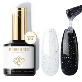 Modelones Glitter Gel Top Coat, Iridescent Silver Mix Glitter Gel Polish No Wipe Top Coat Glossy Sparkly Finish Long Lasting Soak Off Rainbow Shimmer Glitter Gel Nail Polish Nail Art Manicure, 10ml