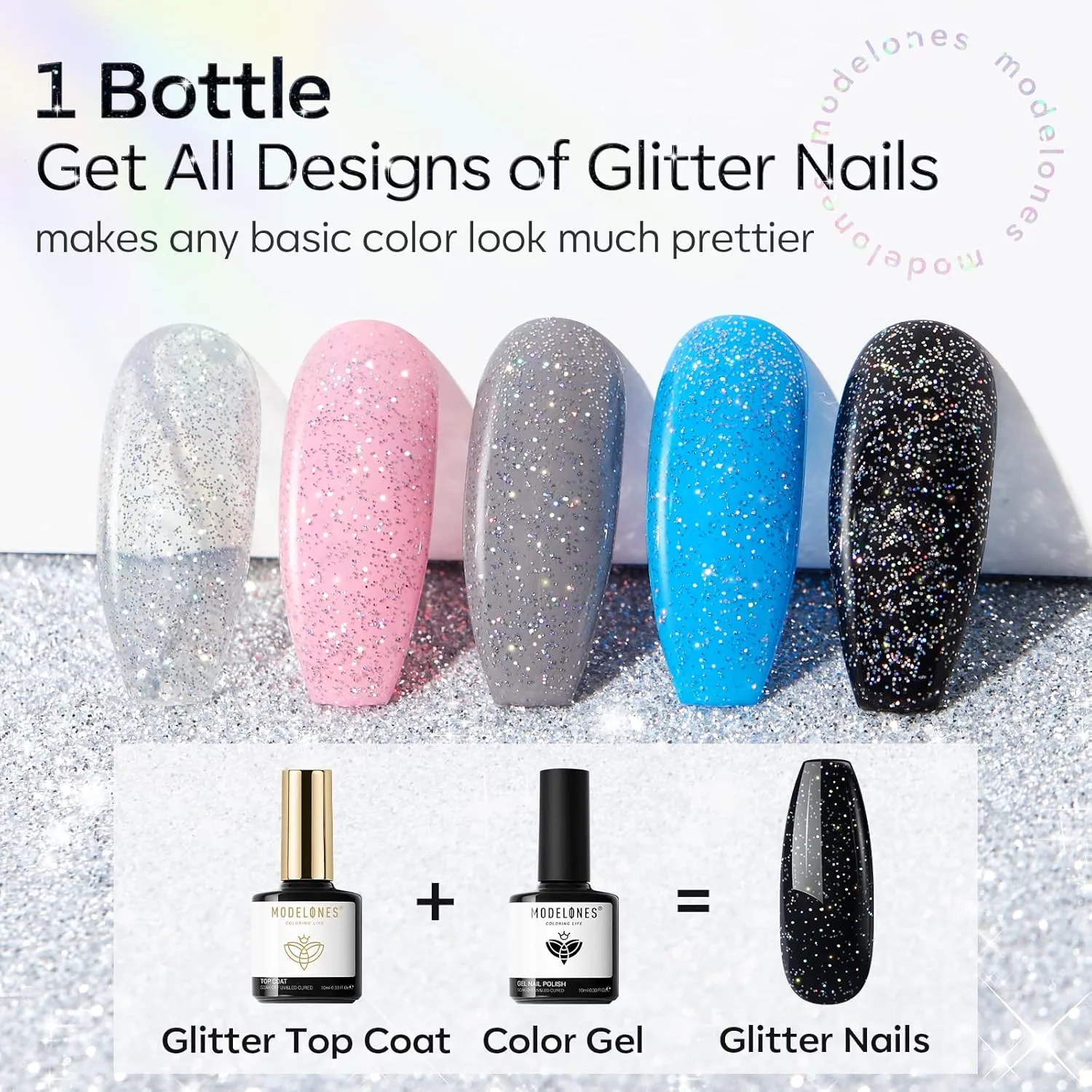 Modelones Glitter Gel Top Coat, Iridescent Silver Mix Glitter Gel Polish No Wipe Top Coat Glossy Sparkly Finish Long Lasting Soak Off Rainbow Shimmer Glitter Gel Nail Polish Nail Art Manicure, 10ml