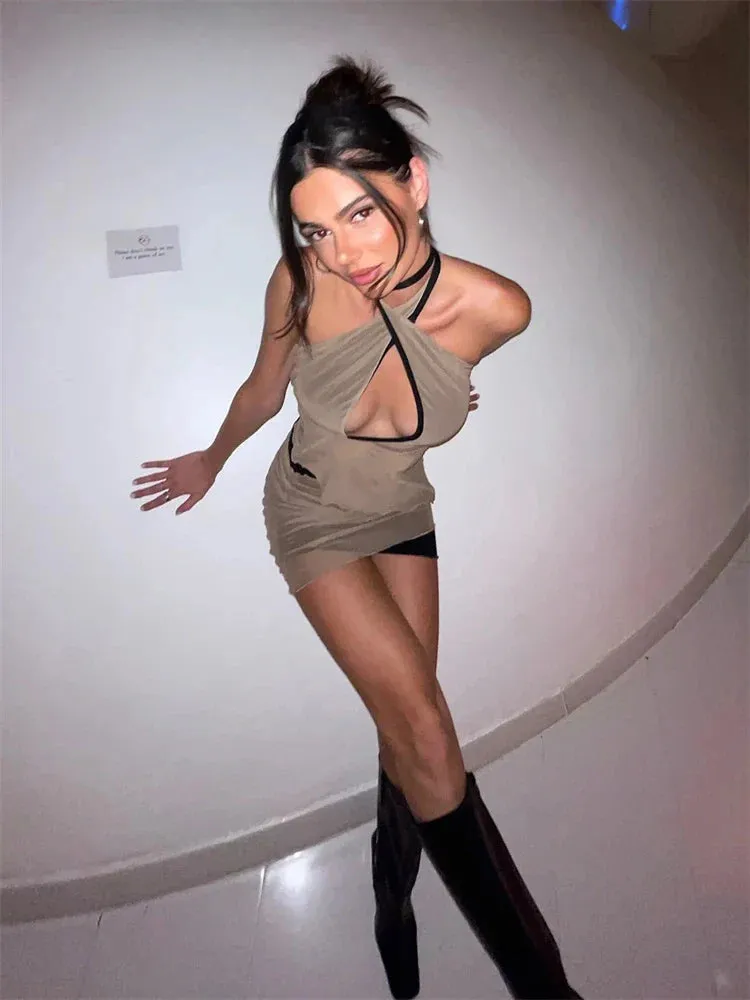 Patchwork Mesh Hollow Out Crop Top with Ruched Skirt Mini Dress
