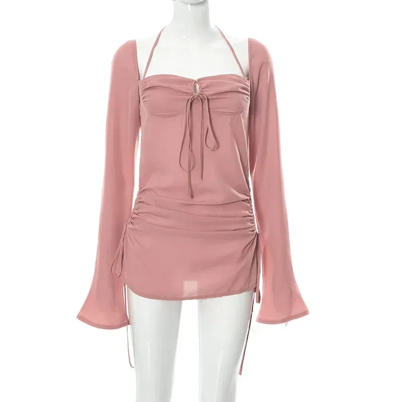 Pink Long Sleeve Mini Dress with Halter Neck