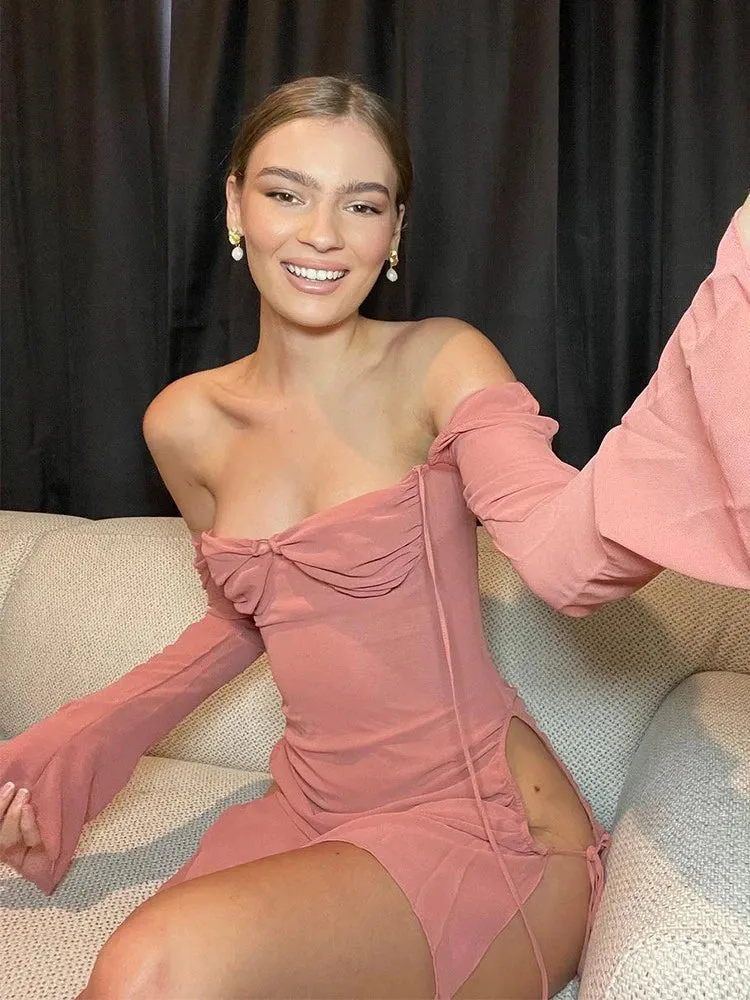 Pink Long Sleeve Mini Dress with Halter Neck