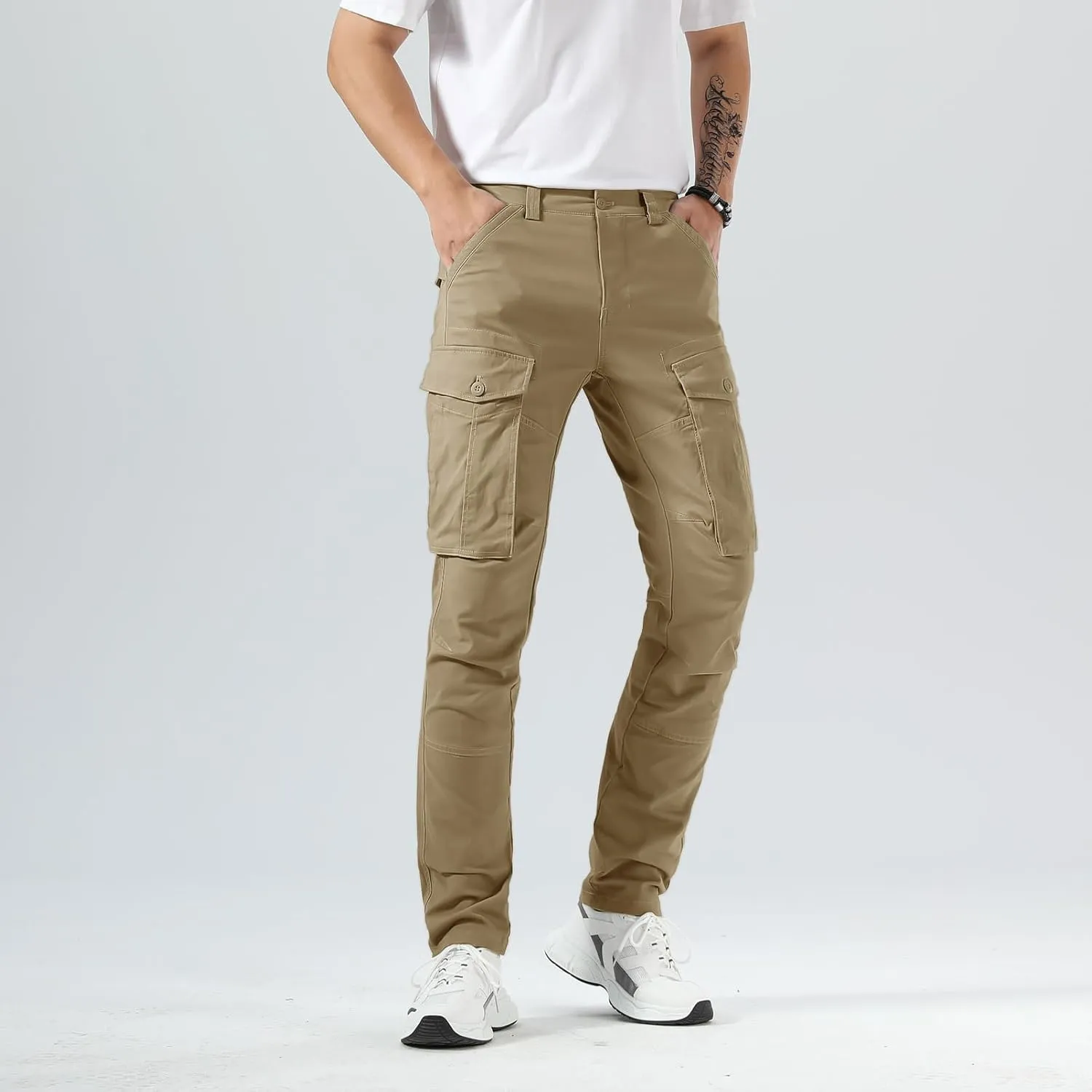 Plaid&Plain Men's Cargo Pants Slim Fit with Articulated Knees