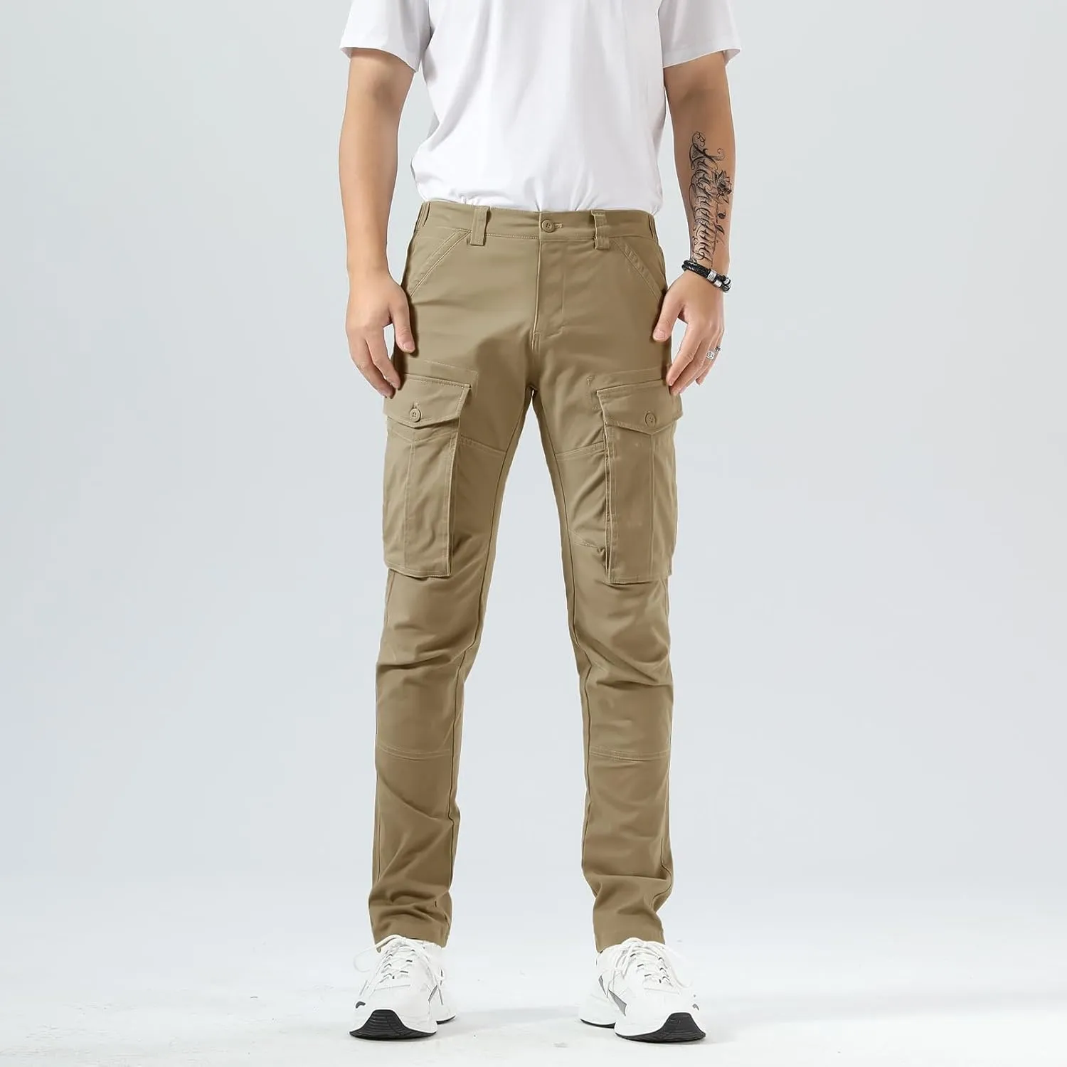Plaid&Plain Men's Cargo Pants Slim Fit with Articulated Knees